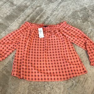 Banana Republic off the shoulder oversized blouse. Coral w/ blue/cream. NWT!!